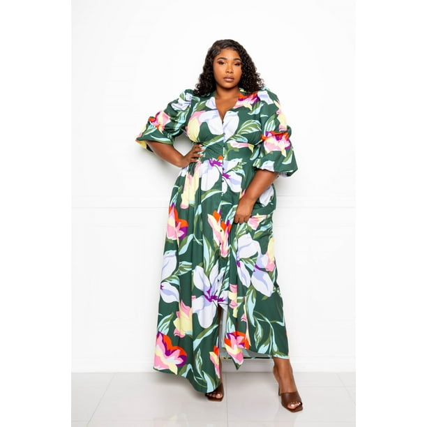 Vestido con Botones en la Parte Delantera y Mangas Abullonadas, Talla 2XL