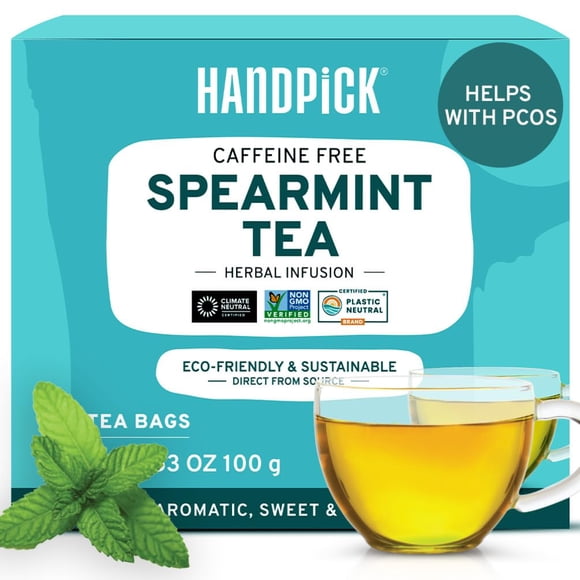 Bolsitas de té de menta verde Tea HANDPICK, 100 bolsitas de té de hierbas sin OGM