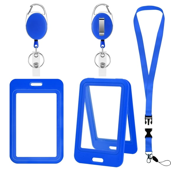 Porta credenciales Luckyczc azul vertical, paquete de 2 con cordón retráctil