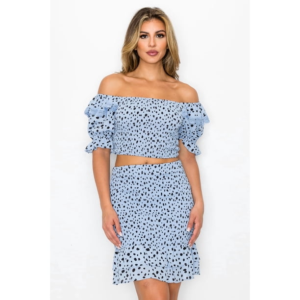 Conjunto de Top y Falda con Estampado de Volantes Fruncidos M