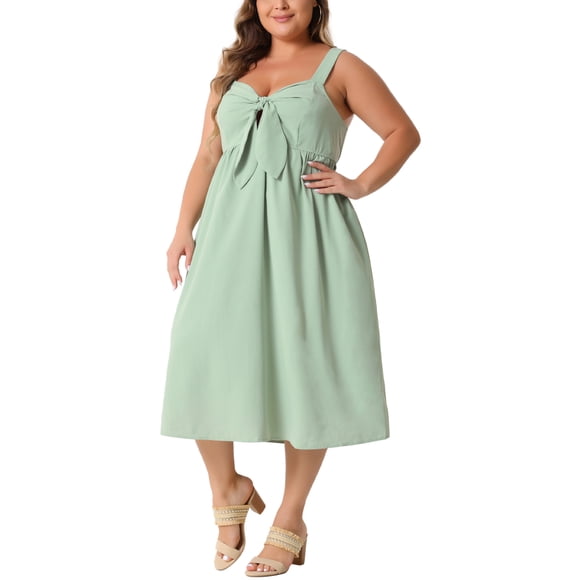 Vestido Cami Talla Grande GRACE & GRANDEUR Ajuste Relajado Escote Corazón Largo a Media Pierna de Verano con Detalle de Lazo 4X Verde