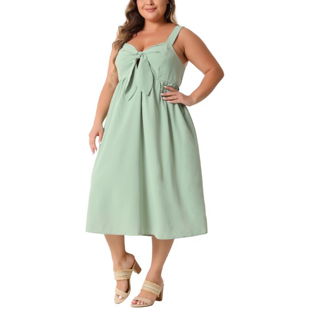 Vestido Cami Talla Grande GRACE & GRANDEUR Ajuste Relajado Escote Corazón Largo a Media Pierna de Verano con Detalle de Lazo 4X Verde
