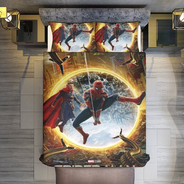 Spider-Man 3 Piece Sets Full/Queen Size - Reversible Microfiber Quilts with 2 Shams Soft Lightweight Bedspread Coverlet Comforter for All Season Bed Sheets