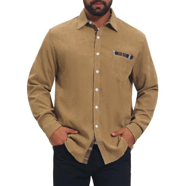 INSPIRE CHIC Camisa de Vestir para Hombre con Contraste de Cuello a Cuadros Camisas Casual de Botones M Caqui