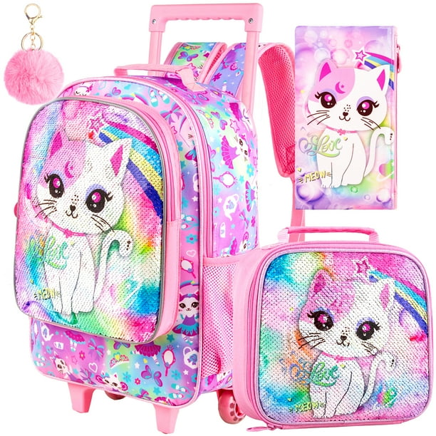 4PCS Kids Rolling Backpack for Girls, Cute Cat Sequin Wheeled Bookbag, Pink Roller School Bag with Wheels for Elementary