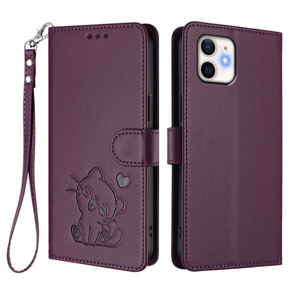 iPhone 12/12 Pro Funda Billetera con Estampado de Gato, Morado Oscuro