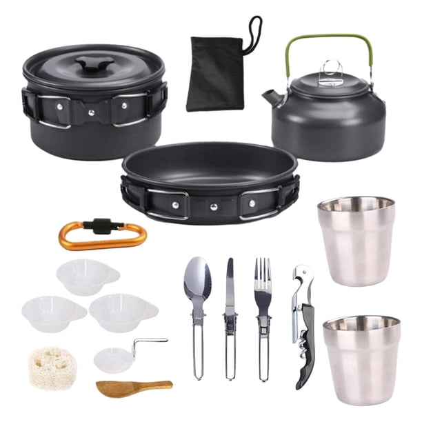 Utensilios de cocina portátiles para exteriores, sartenes para acampar, de , herramienta de cocina, vajilla antiadherente, tazón, taza para - negro