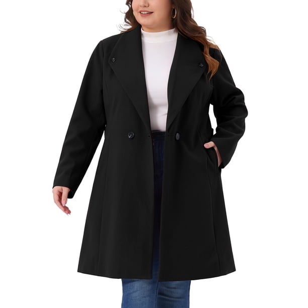 Abrigos de invierno para mujer de talla grande de Agnes Orinda, abrigos de guisante midi con solapa de un solo pecho y cinturón, con bolsillo, 1X negro