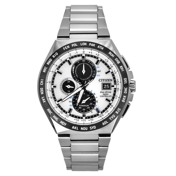 Reloj Analógico Eco drive Controlado Por Radio Gmt Cronógrafo Super Titanio Esfera Plateada Hombre
