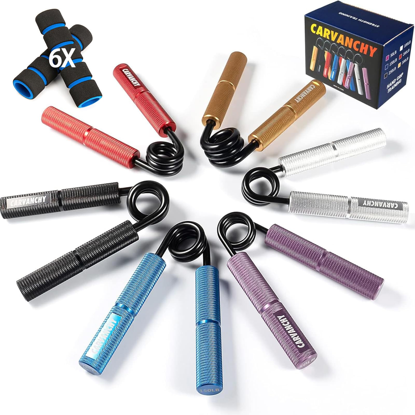 Set De Entrenamiento De Fuerza Grip Carvanchy De 50 A 300 Libras (paquete De 6)