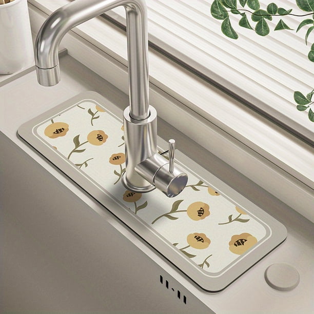 1pc Floral Sink Faucet Absorbent Mat, Drainage Pad, Kitchen, Bathroom Sink, Countertop, Drain Pad, Diatomaceous Mud Washbasin, Cuttable, Quick Drying Pad