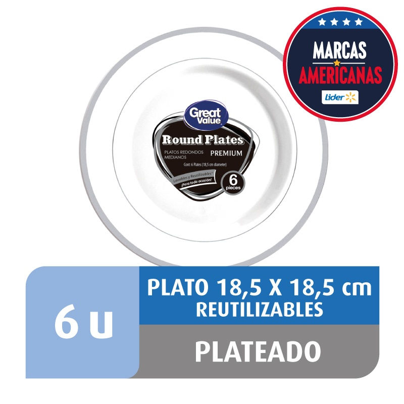 Plato Redondo Mediano Plateado Premium Reutilizable Great Value