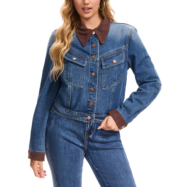 INSPIRE CHIC Chaqueta de Jean para Mujer de Moda con Botones Abajo Cuello de Pana Chaquetas de Granero Chaqueta de Mezclilla 2XL Azul Profundo