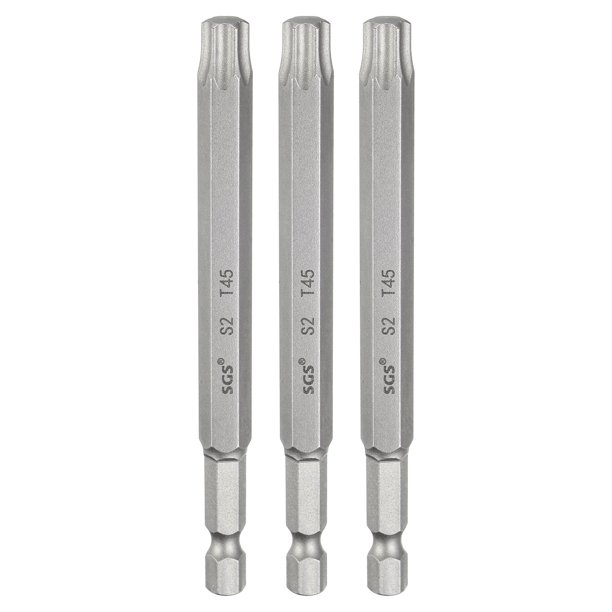 Uxcell 3 piezas Punta de Destornillador de Cabeza Torx T45 Vástago Hexagonal 1/4" Largo 4" (100mm) Magnético Sin Punta de Agujero Estrella de 6 Puntos