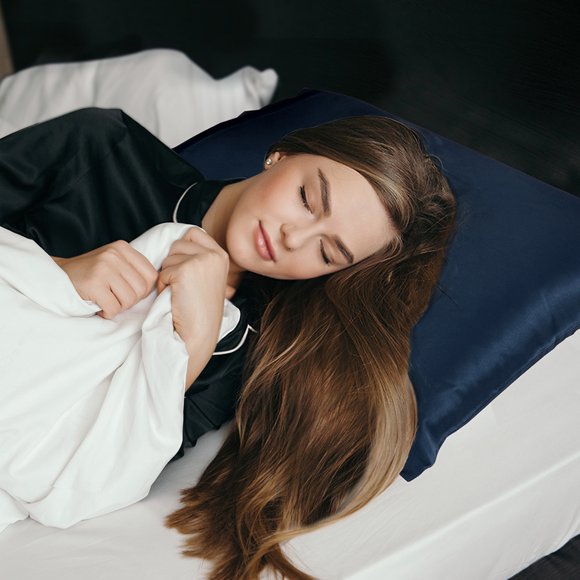 Funda de Almohada de Seda de 19 Momme para Cabello y Piel REGALWOVEN, Reina Azul Marino