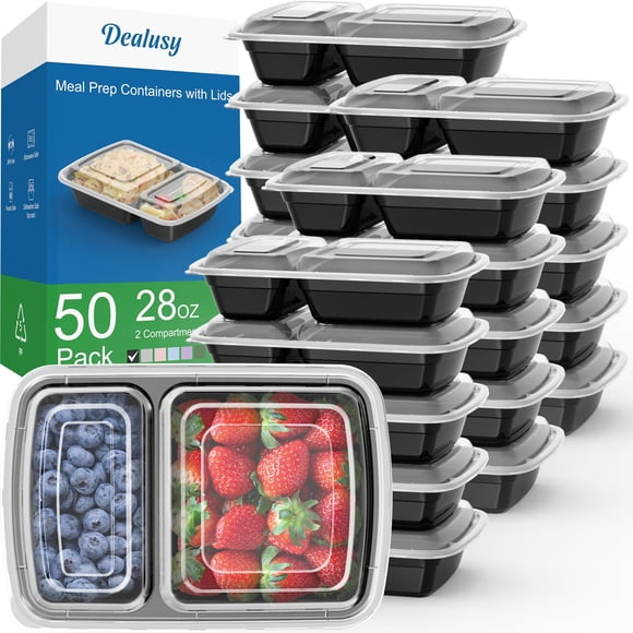Recipientes Dealusy para preparación de comidas, 28 onzas, 2 compartimentos, 50 unidades, color negro