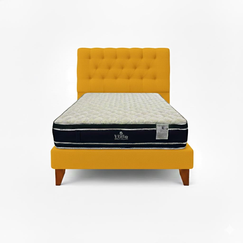 Vitelio - Cama 1.5 Plaza Amarillo Capitone + Colchón Ortopedic