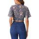 thumbnail image 3 of INSPIRE CHIC Blusa corta floral para mujer con cuello en V, mangas acampanadas y dobladillo fruncido, gris azul XS, 3 of 6