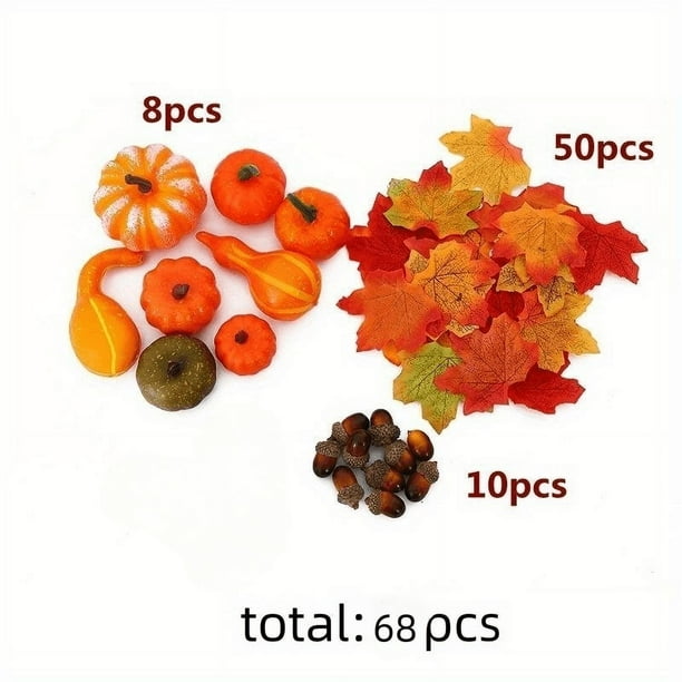 12/50/70/86/128/pcs, Fall Decor | Artificial Pumpkins Autumn Decoration Set, Maple Leaves Harvest Mini Pumpkin Pine Cones Acorns For Thanksgiving Wedding Holiday Party Home Table Centerpieces Decor
