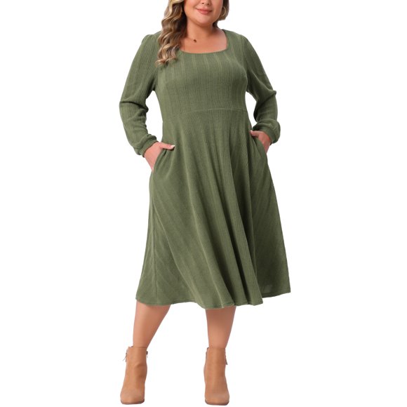 Agnes Orinda Trajes de Halloween para Mujeres Tallas Grandes Vestido de Manga Larga Cuello Cuadrado Bolsillos Casual Flowy A Line Midi Vestidos de Punto 2X Verde Militar