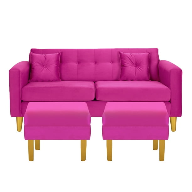 Sofa New Retro 3c + 2 Pouf Felpa 01 Fucsia