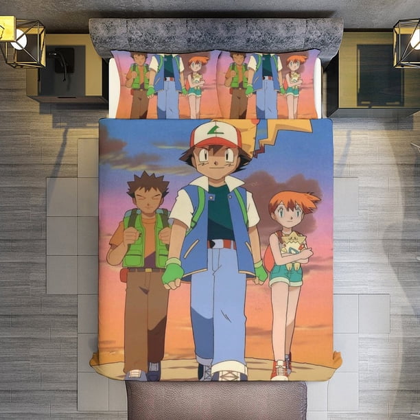Pokemon And Ash 3 Piece Sets Full/Queen Size - Reversible Microfiber Quilts with Shams Soft Lightweight Bedspread Coverlet Comforter for All Season Bed Sheets
