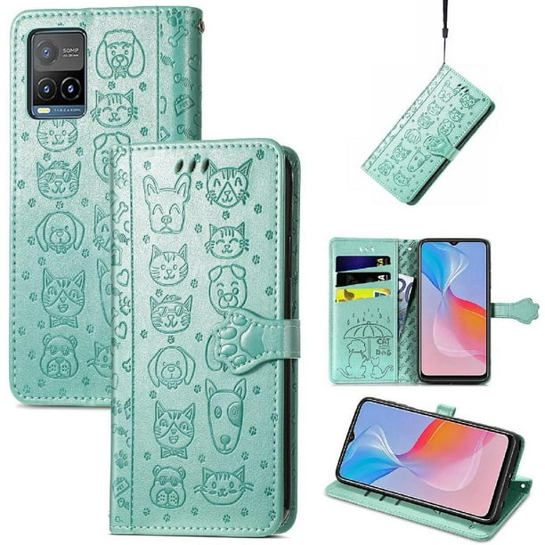 Funda Cartera FOXDOCK para VIVO Y21S , Flip PU con Relieve de Gatos y Perros, Tarjetero y Soporte