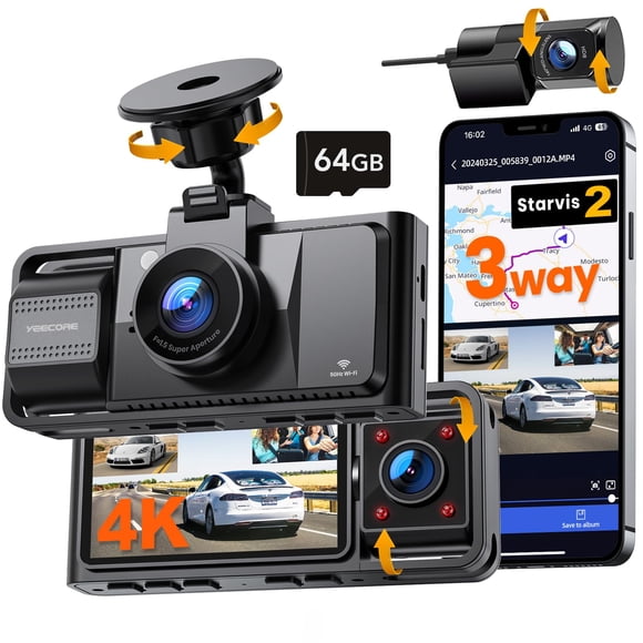 Dash Cam 4K De 3 Canales Con Gps Wifi Integrado Y Tarjeta De 64 Gb