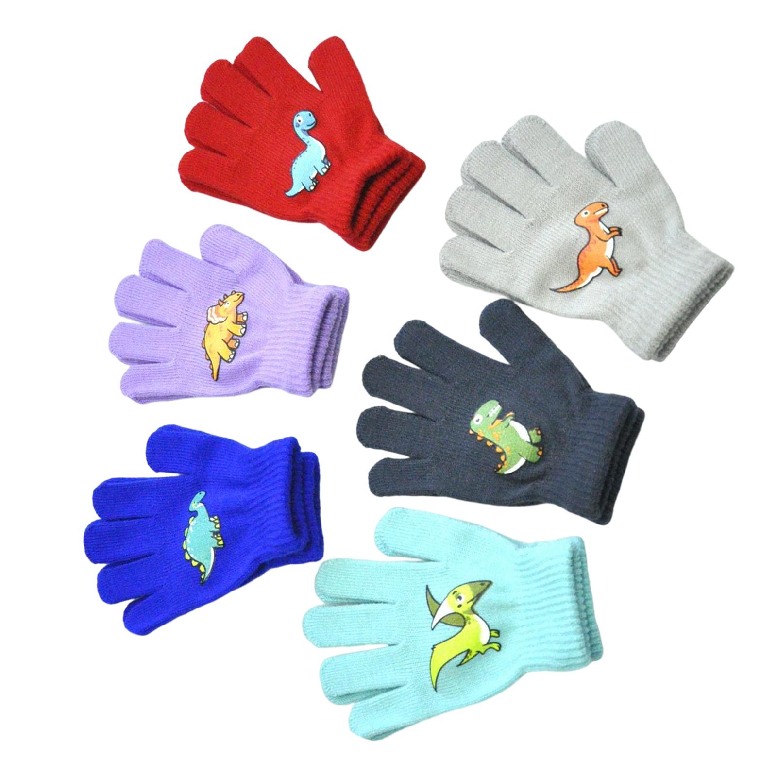 Magideal - 6 Pares De Guantes Unisex Para Niños, Cálidos Guantes De Punto Elásticos De Invierno, Serie De Dinosaurios Cómodos, Colores Sólidos Para Niñas Y