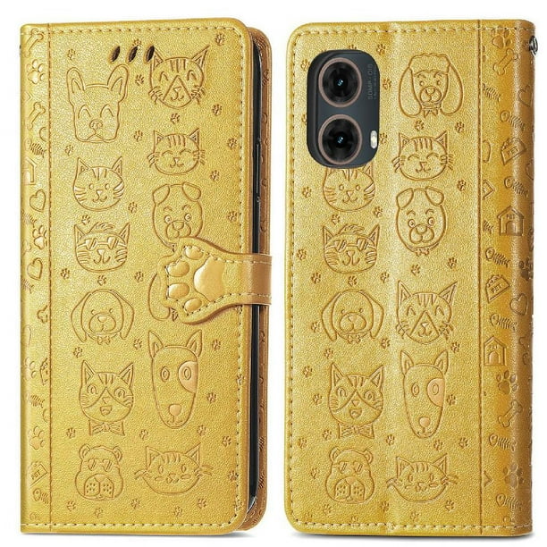 Funda Cartera FOXDOCK para Motorola Moto G45 , Flip PU con Relieve de Gatos y Perros, Tarjetero y Soporte