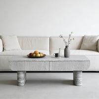 M&Ms - Coffee Table With Grey Wood Texture Tabletop, Mid Century Modern Coffee Table With Fluted Drawer, Coffee Table For Living Room, Office