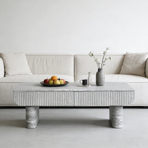 M&Ms - Coffee Table With Grey Wood Texture Tabletop, Mid Century Modern Coffee Table With Fluted Drawer, Coffee Table For Living Room, Office