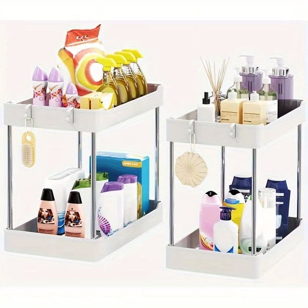 2pcs Under Sink Organizer And Storage, 2 Tier Bathroom Organizer Under Sink, Black Under Sink Organizer And Storage, Cleaning Supplies Organizer, Cabinet Under Storage Cabinets, Two Sizes Large And Me