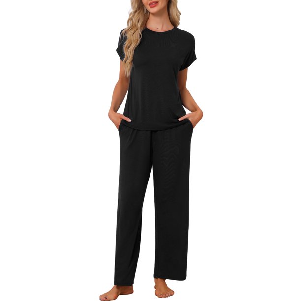Conjunto de pijama para mujer de 2 piezas con bolsillos, mangas cortas, conjunto de ropa de descanso, parte superior y pantalones largos, talla M, negro