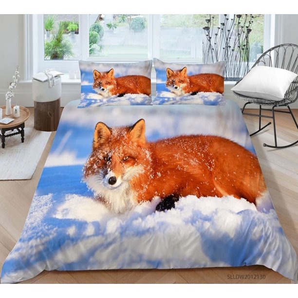 Snowfield Red Fox Wildlife Animal Quilt Duvet Cover Set Comforter Cover3-Piece Bedding Set