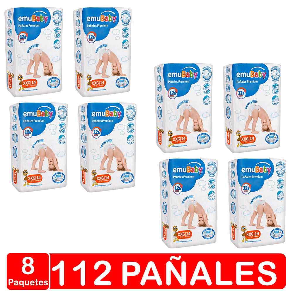 Pañales Emubaby Premium Manga X8 - Talla Xxg - 112 Pañales