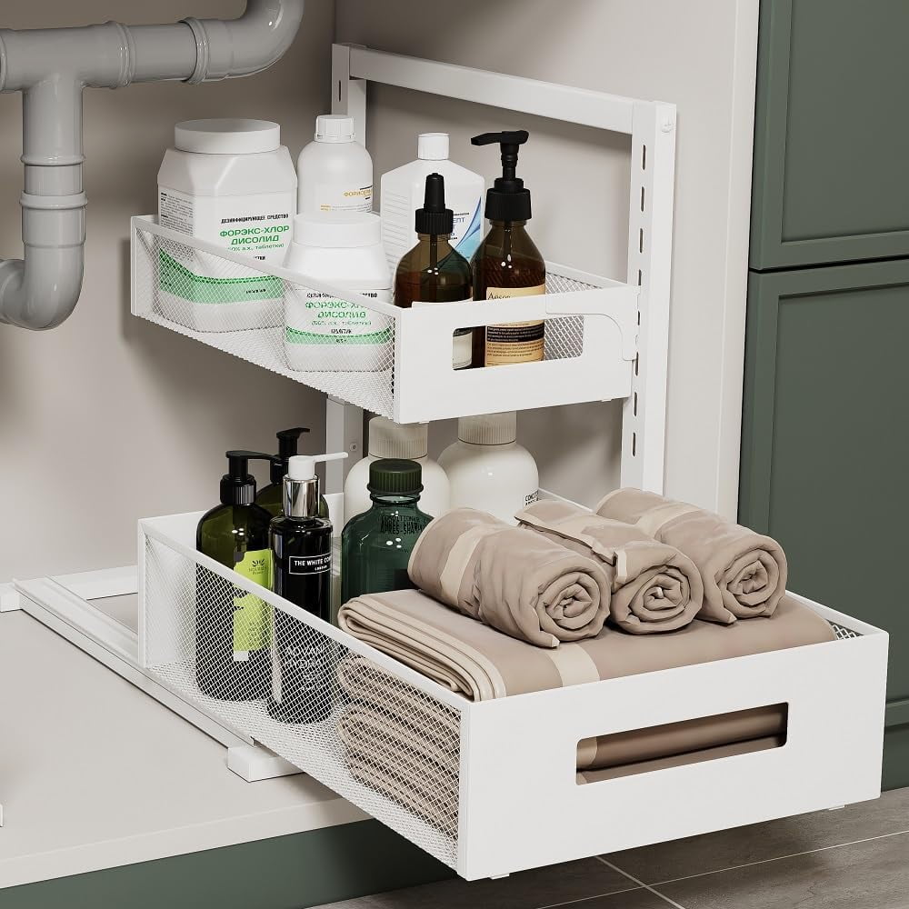Organizador Petiza Para Debajo Del Lavabo, Altura Ajustable, 2 Niveles, Blanco