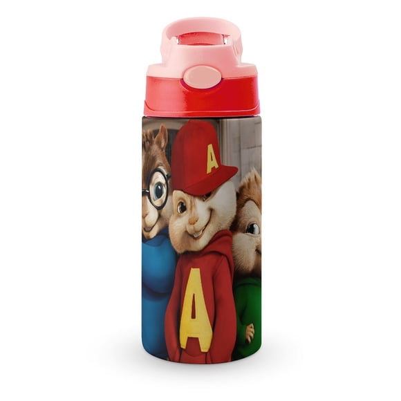 Alvin y las ardillasBotella de Agua con Tapa Pop Top de Un Toque, Acero Inoxidable, a Prueba de Fugas, para Deportes, Botella Infantil rosa 12 oz