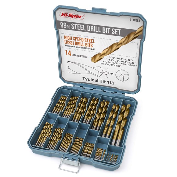 Juego de brocas Hi-Spec Tools, 99 piezas, acero SAE HSS con estuche de almacenamiento