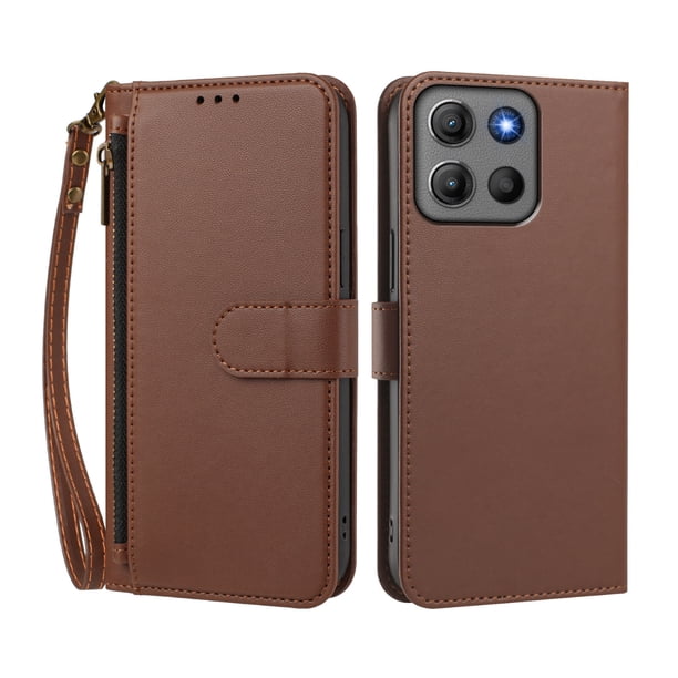 Funda Tipo Billetera para Motorola Moto G17 4G/G17 Power 4G con Soporte y Bolsillo con Cierre Marrón