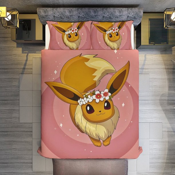 Pokmon Eevee 3 Piece Sets Full/Queen Size - Reversible Microfiber Quilts with Shams Soft Lightweight Bedspread Coverlet Comforter for All Season Bed Sheets
