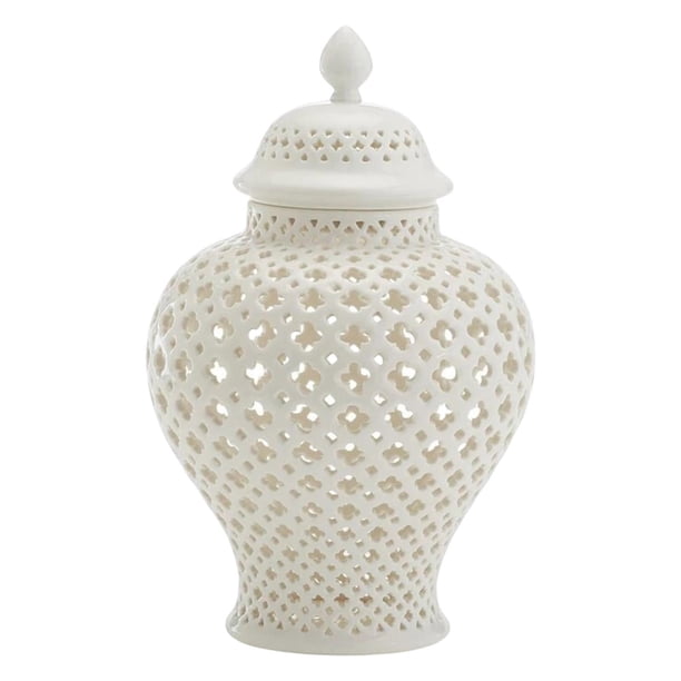 Jarra de jengibre perforada tradicional con tapa, red decorativa de celosía tallada Jar de cerámica de cerámica de jengibre para decoración del hogar , Blanco 16x16x28CM