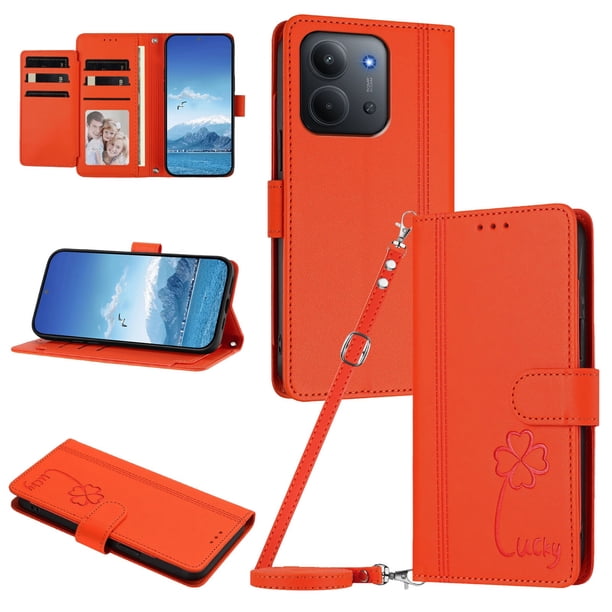 Funda Cartera Trébol para Xiaomi Redmi 15C 4G/5G con Ranuras Tarjetas y Carga Inalámbrica Naranja