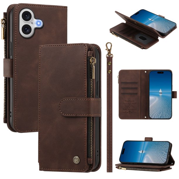 Funda Cartera para iPhone 17 con Cremallera y Ranuras, Marrón