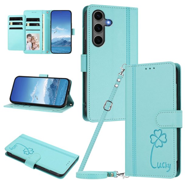 Funda Cartera Trébol para Samsung Galaxy S24 Plus con Ranuras Tarjetas y Carga Inalámbrica Verde menta