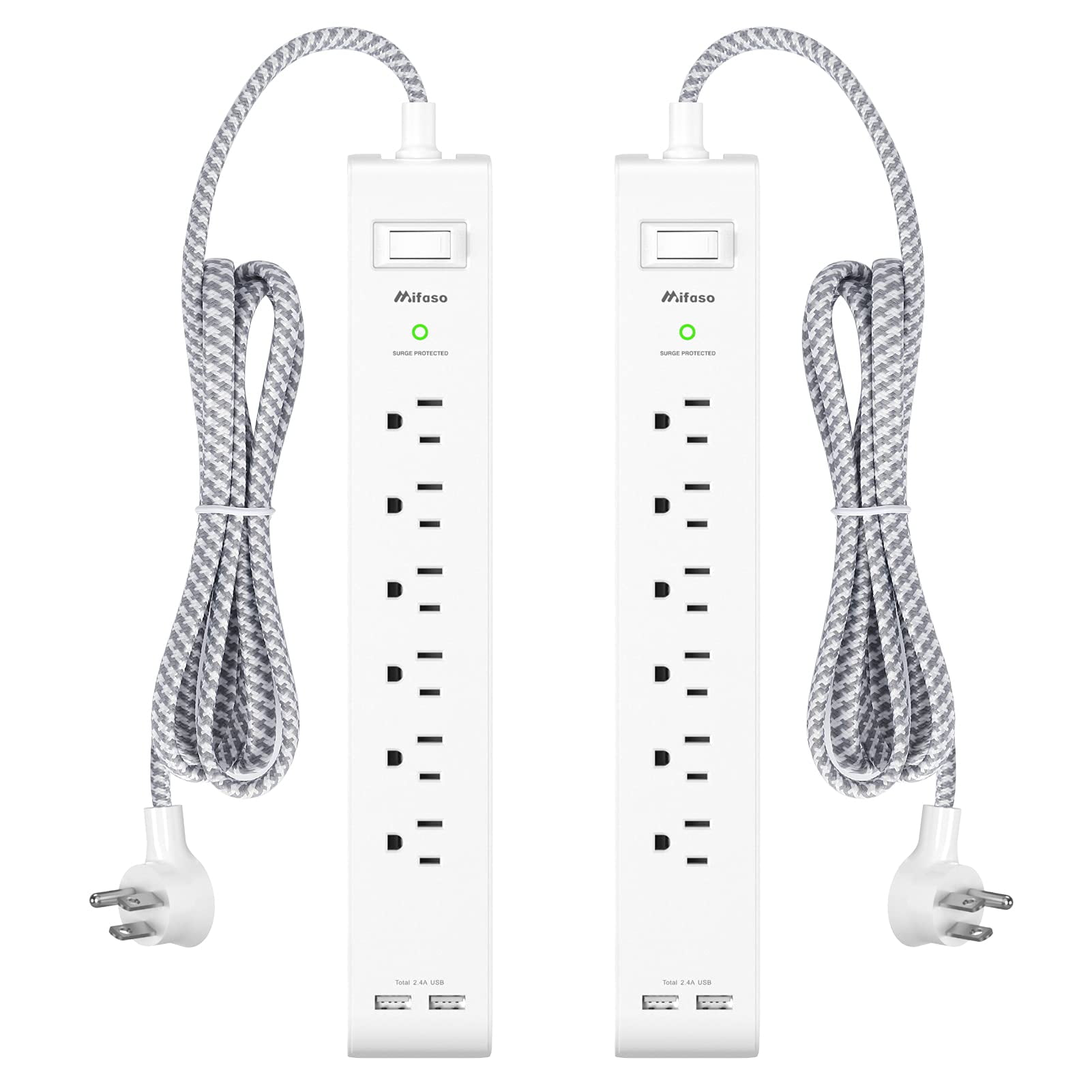 Mifaso - Power Strip Paquete De 2 Con Cable De Extensión De 12 Pies 6 Salidas 2 Usb
