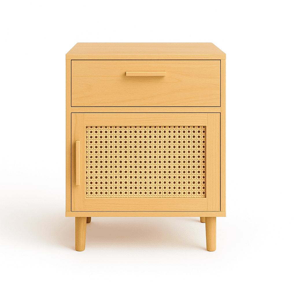 Space Home - Velador De Madera Clara Con Cajón Y Puerta Ratán