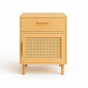 Space Home - Velador De Madera Clara Con Cajón Y Puerta Ratán