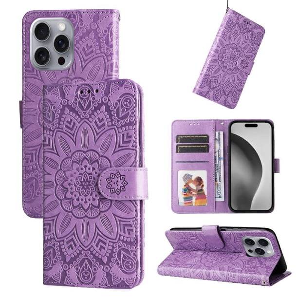Funda tipo cartera FOXDOCK para iPhone 16 Pro , diseño girasol en relieve, cuero PU, cierre magnético, soporte y tarjetero