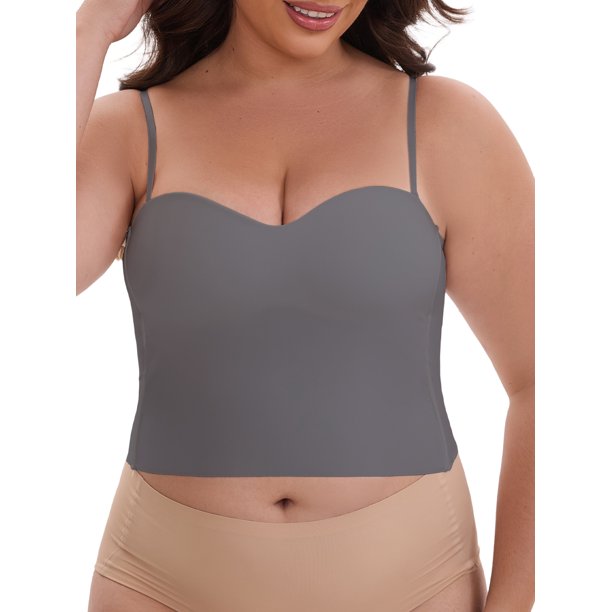 INSPIRE CHIC Camiseta de Tirantes Ajustables para Mujer con Almohadillas Inalámbricas, Ajuste Ceñido, Escote Corazón, Tanque Invisible Sólido XXL Gris